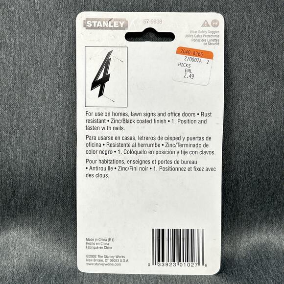 Vintage 2002 Stanley House Number 4 Black Finish 4" Metal NOS Packaged 57-9938 - Picture 2 of 7